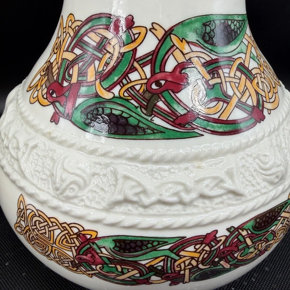 Cre Irish Porcelain Celtic Pitcher Galway Ireland Serpent Handle Gold Trim 7in‎